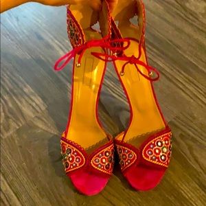 Aquazzura hot pink ankle tie heels 39.5